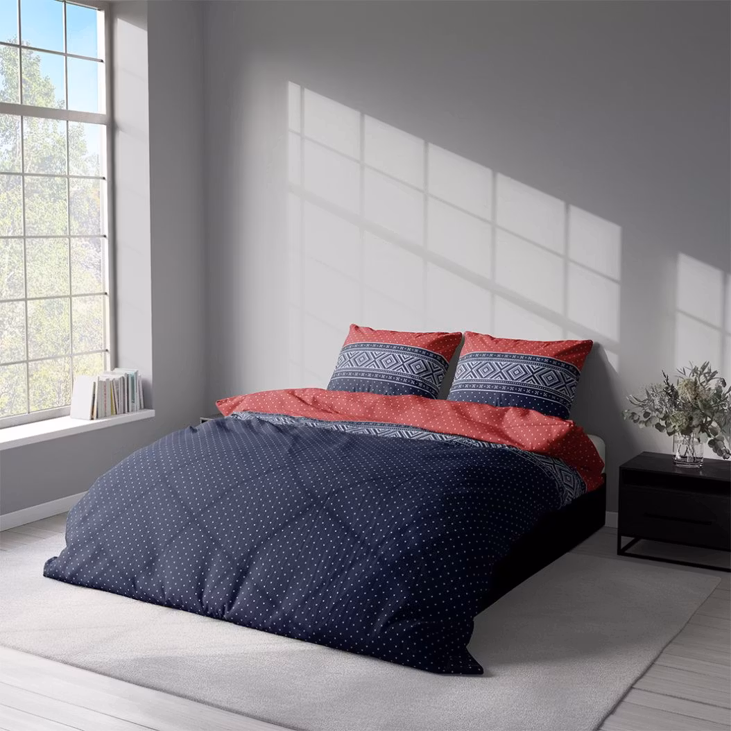 Embla ett blått, rött och vitt påslakanset till king size täcke i bomull i storlek 240 x 220 cm med knäppning i botten, från Indusia design