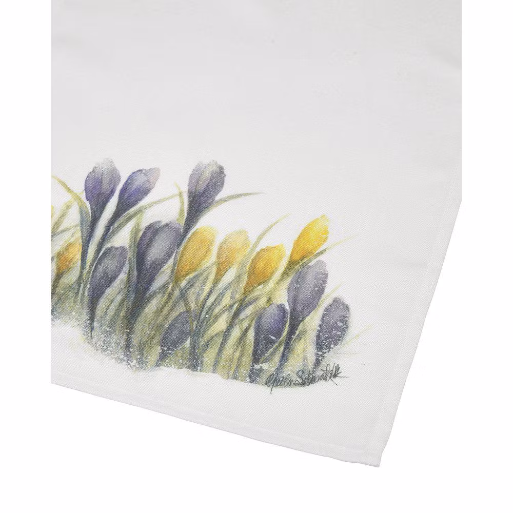 Vår en vacker löpare med ett vackert krokusmönster i gult, grön och lila från Svanefors i mått 35 x 70 cm