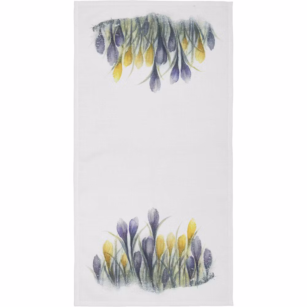 Vår en vacker löpare med ett vackert krokusmönster i gult, grön och lila från Svanefors i mått 35 x 70 cm