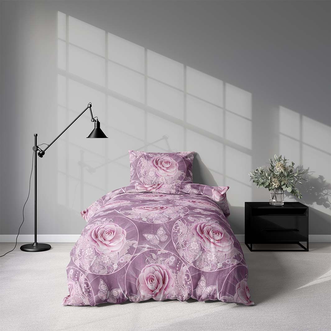 Påslakanset i bomull Vintage rose lilac i ljuslila och rosa toner i mått 140 x 200 cm Indusia design