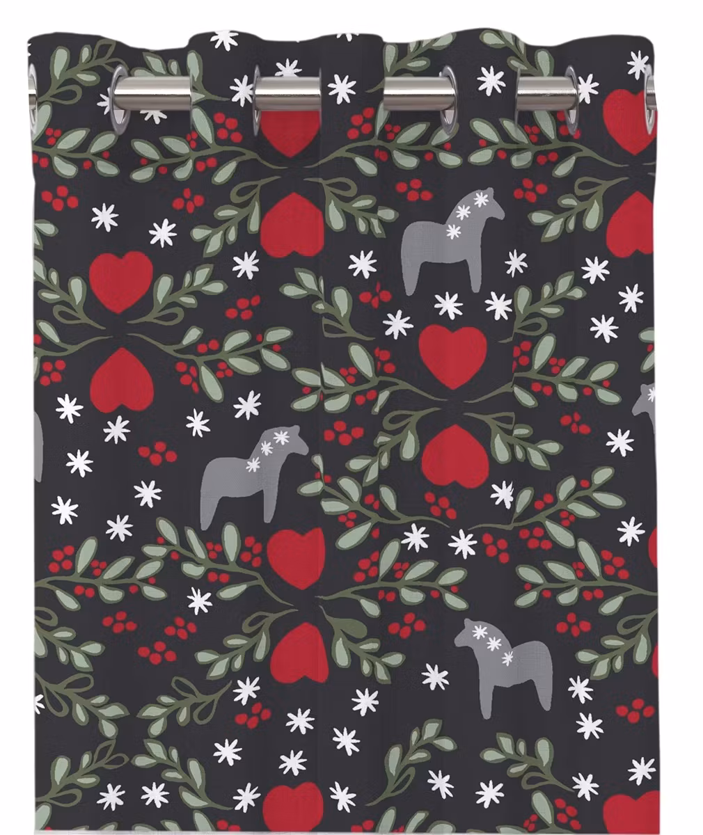 Julglädje ett mörkgrått julgardinset med öljetter från Redlunds textil mått 2 x 120 x 240 cm