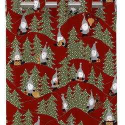 Snöfall ett rött julgardinset i bomull med gråa små tomtar och med öljetter från Redlunds textil mått 2 x 120 x 240 cm
