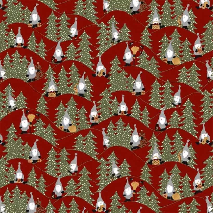 Snöfall ett rött julgardinstyg/inredningstyg i bomull på metervara med ett tomtemönster från Redlunds textil bredd 140 cm
