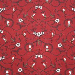 Nisse ett rött julgardinstyg/inredningstyg i bomull på metervara med ett tomtemönster från Redlunds textil bredd 153 cm