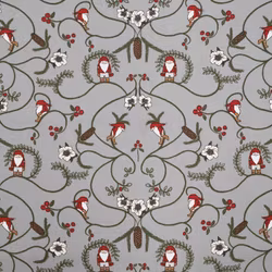 Nisse ett grått julgardinstyg/inredningstyg i bomull på metervara med ett tomtemönster från Redlunds textil bredd 153 cm
