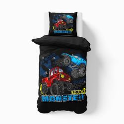 Monster Truck ett påslakanset i svart med tuffa monstertrucks av bomull i mått 140 x 200 cm Indusia design