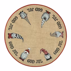 X-Mas santa en rund julgransmatta i jute med tomtar från Noble house, diameter 90 cm