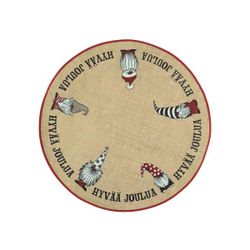 Hyvää joulua en granmatta med finsk tex i jute med ett juligt tryck i rött, vitt och grått från Noble house diameter 90 cm