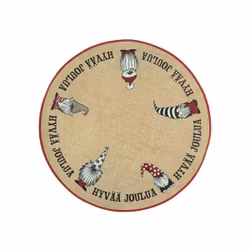 Hyvää joulua en granmatta med finsk tex i jute med ett juligt tryck i rött, vitt och grått från Noble house diameter 90 cm
