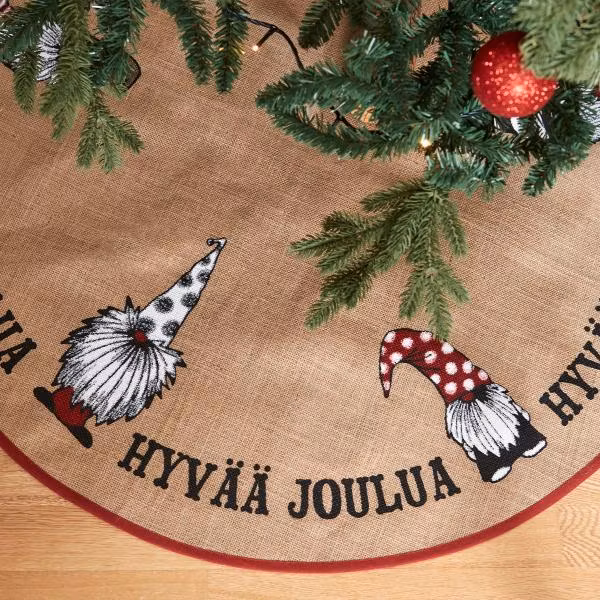 Hyvää joulua en granmatta med finsk tex i jute med ett juligt tryck i rött, vitt och grått från Noble house diameter 90 cm
