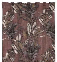 Tahiti ett vinrött gardinset med ett bladmönster i brunt off-white och med multiband från Redlunds textil i mått 2 x 140 x 250 cm