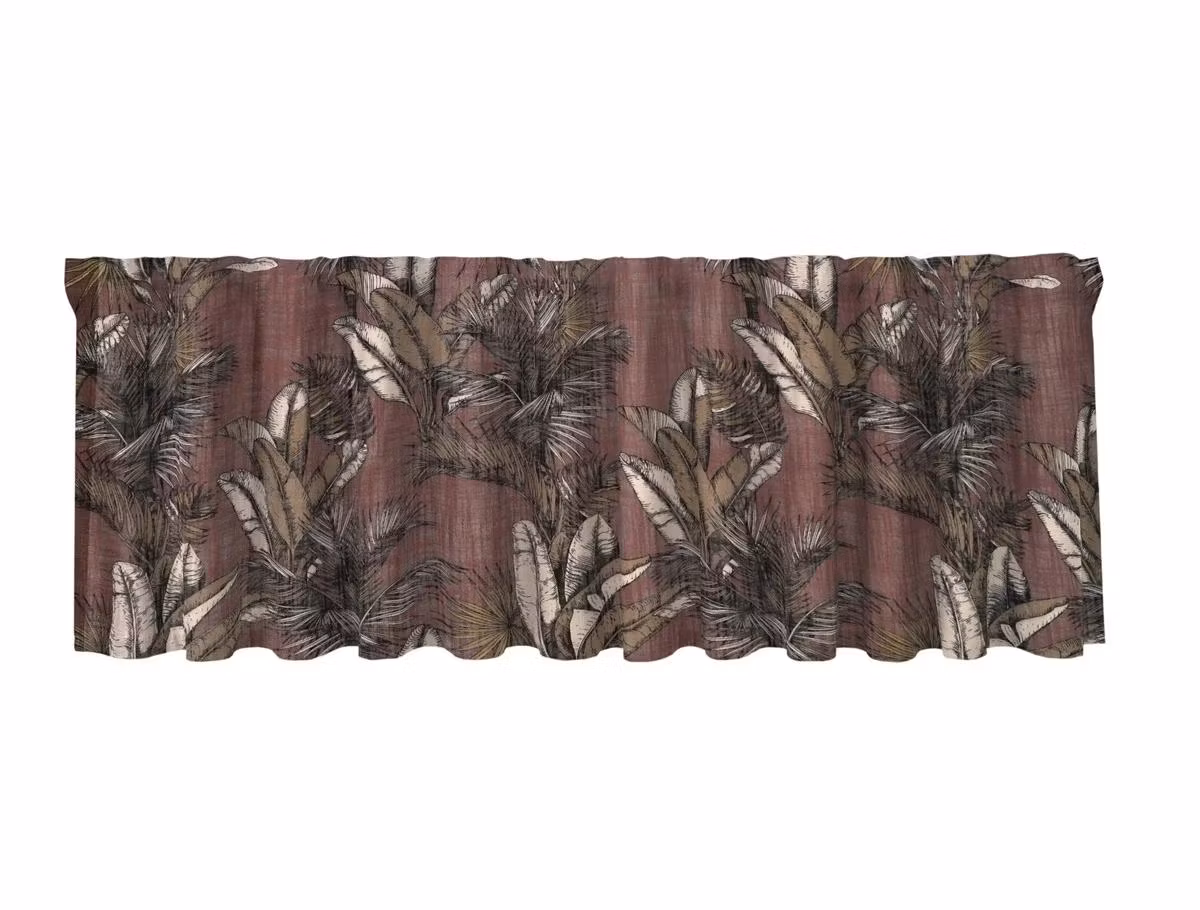 Tahiti en vinröd gardinkappa med ett bladmönster i brunt off-white och med multiband från Redlunds textil i mått 1 x 50 x 250 cm