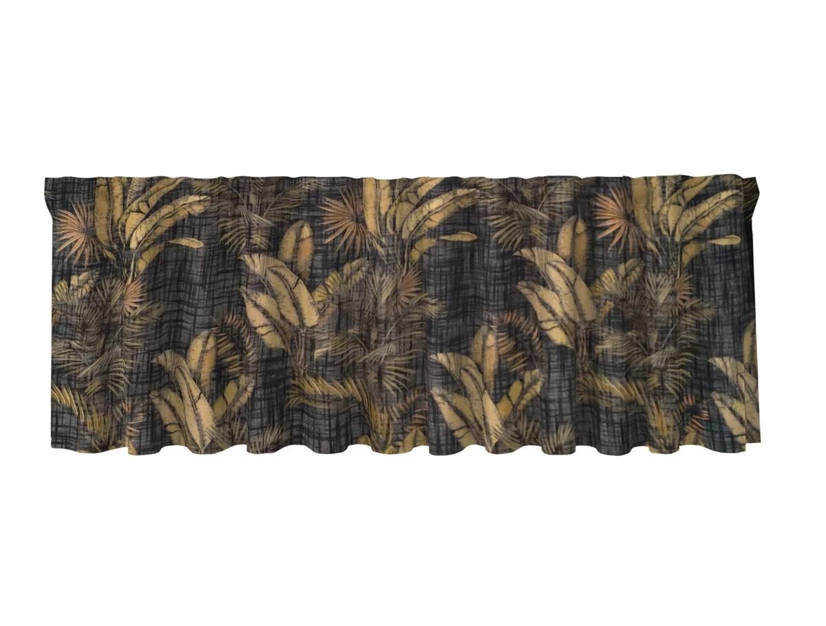 Tahiti en svart färdigsydd gardinkappa med ett bladmönster i guldgult och med multiband från Redlunds textil i mått 1 x 50 x 250 cm