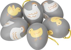 Cult design Brunetta ett 6 pack med grå påskägg med handmålade kycklingar och hönor att dekorera påskriset med, mått 6 cm.