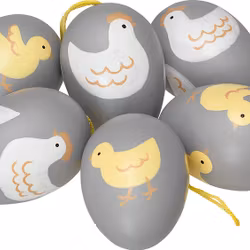 Cult design Brunetta ett 6 pack med grå påskägg med handmålade kycklingar och hönor att dekorera påskriset med, mått 6 cm.