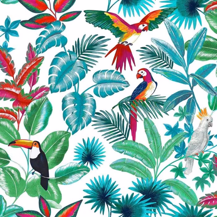 Papegoja en vaxduk på metervara på en vit botten med papegojor och multifärgat blommönster bredd 140 cm