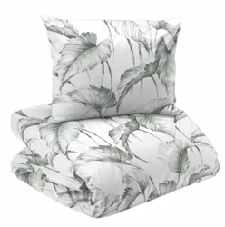 Sam ett stilrent bäddset i vitt med stora gröna blad i 100% bomull