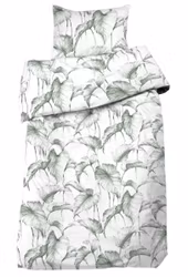 Sam ett stilrent bäddset i vitt med stora gröna blad i 100% bomull