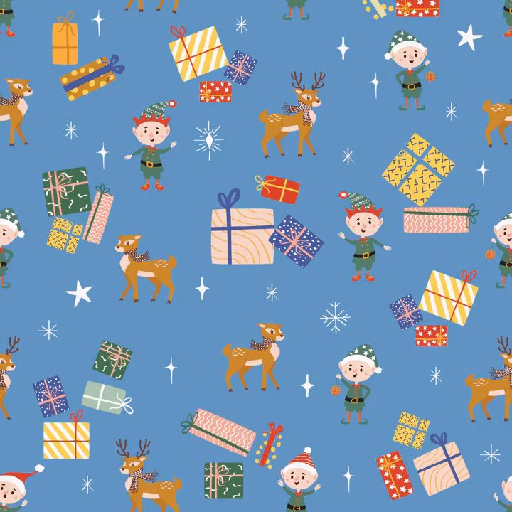 OD- Elves, presents and reindeers in celestial blue