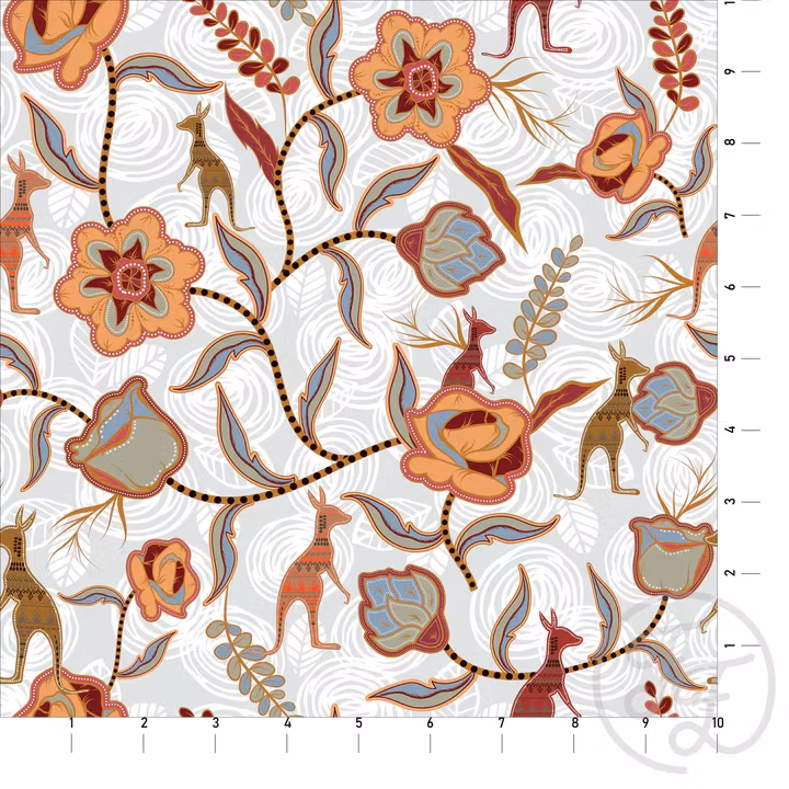 OD- Tribal Kangaroos on White Textured Roses