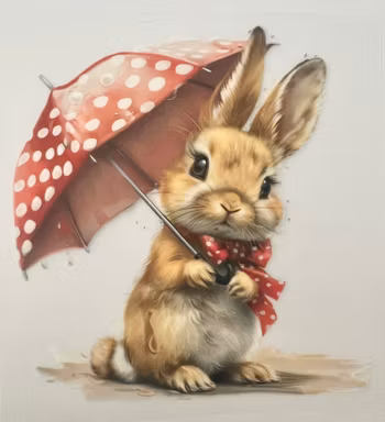 DTF kanin med rød paraply store prikker