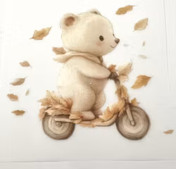 DTF hvit bamse på sparkesykkel