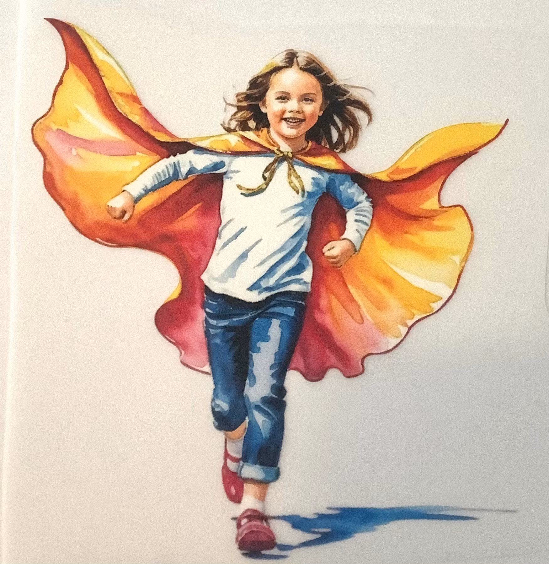 DTF jente med gul-rosa superkappe