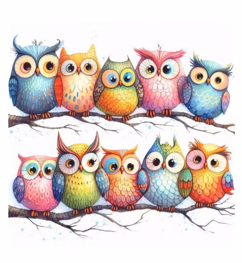 DTF fargerike ugler på gren