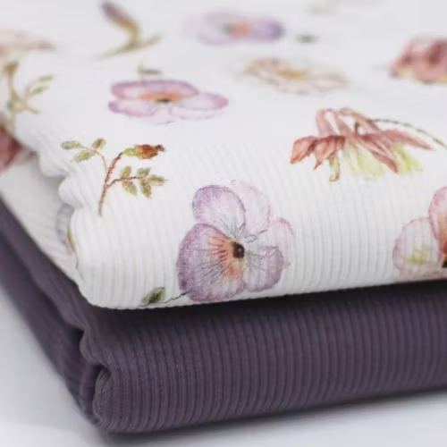 Rib Knit Jersey Pink Sketch Flowers