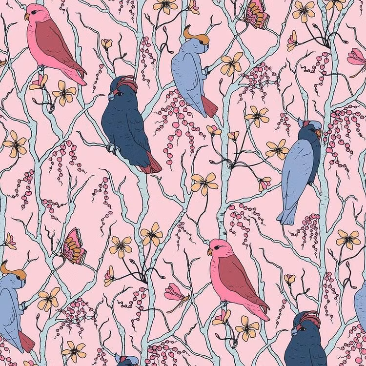 Quilters Cotton Cockatoos Cool Berry