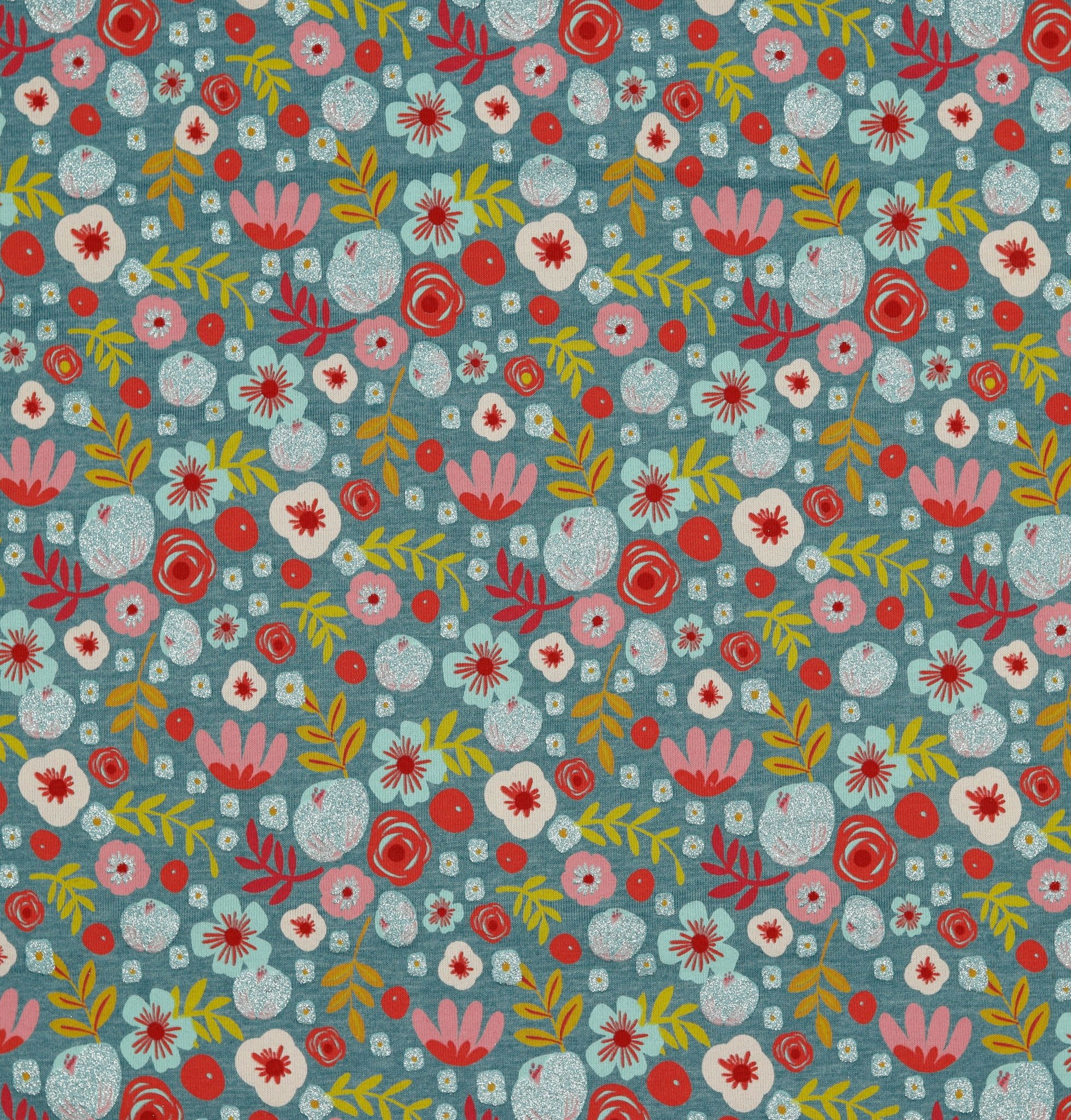 Jersey Glitter Flowers Smoke Blue Melange