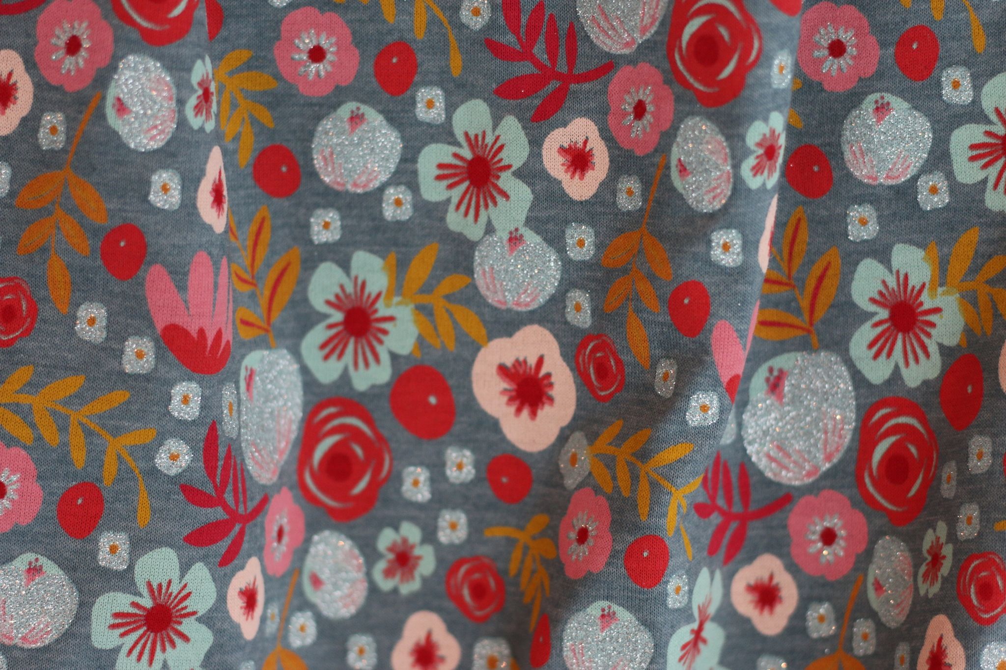 Jersey Glitter Flowers Smoke Blue Melange