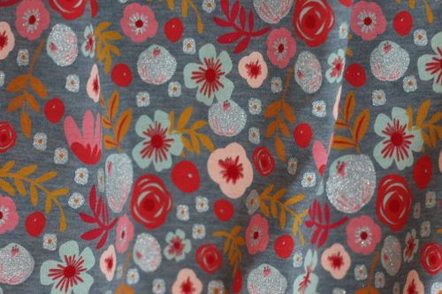 Jersey Glitter Flowers Smoke Blue Melange