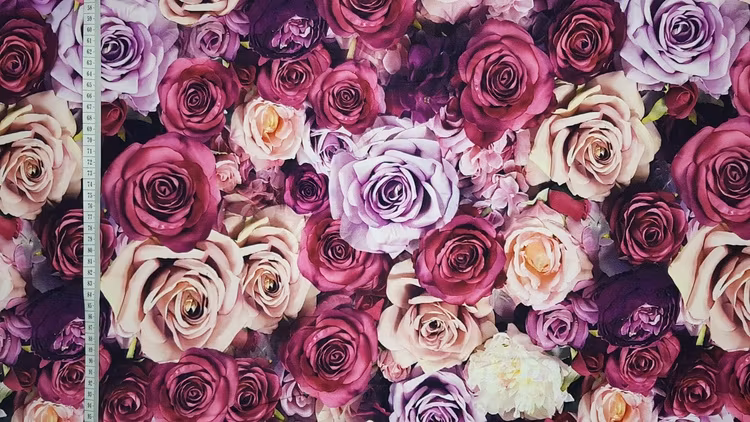 trikå tyg  mönster stuvbit college trikåtyg blommor lila vita rosor ros