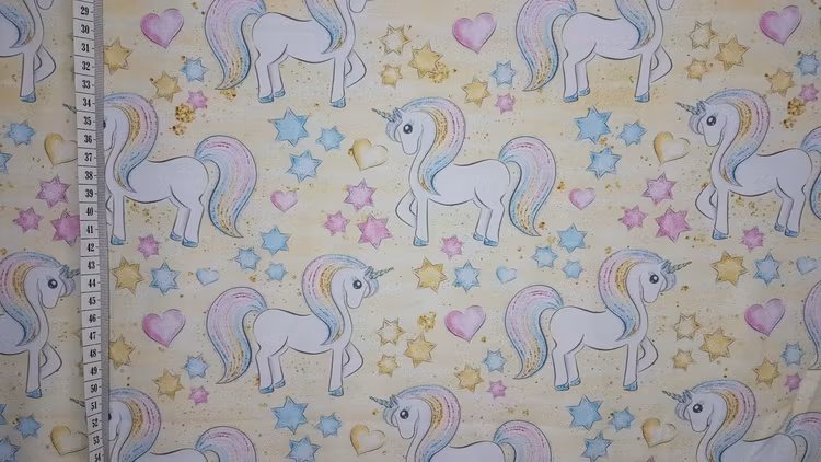 trikå tyg spel mönster stuvbit college trikåtyg enhörningar unicorn gul