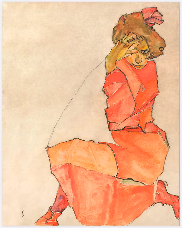 Kneeling Female in Orange-Red Dress
