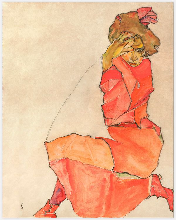 Kneeling Female in Orange-Red Dress