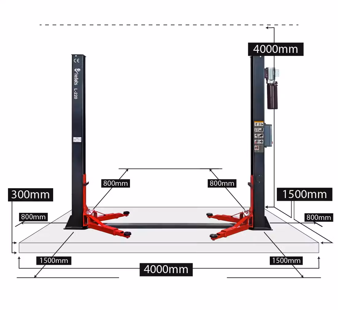 SUPERREA 2-Pelarlyft 4T - REDATS L-220 PRO - Automatisk med Belysning o 230v Uttag