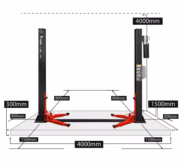 SUPERREA 2-Pelarlyft 4T - REDATS L-220 PRO - Automatisk med Belysning o 230v Uttag