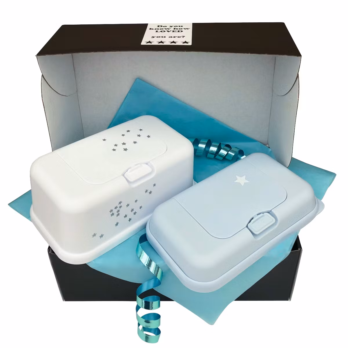 Funkybox present Little Stars vit & ToGo Pastellblå stjärna, bebispresent, nyfödd, babyshower