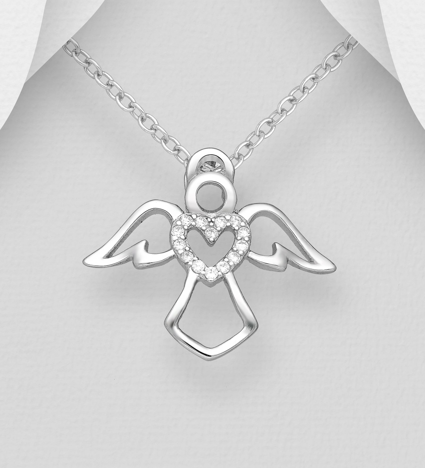 Doppresent flicka - Ängel med glittrande hjärta i äkta 925 sterling silver - söt dopgåva med Skyddsängel