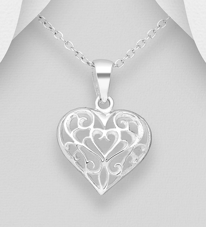 Halsband hjärta - Silverhjärta med vackert mönster - hjärthalsband  i äkta silver