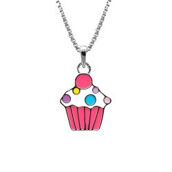 Doppresent flicka - halsband i silver med söt rosa Cupcake