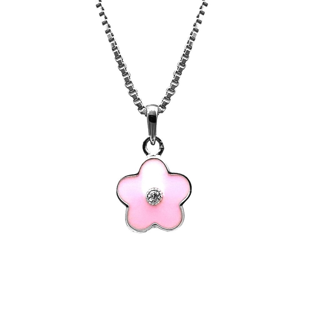 Doppresent flicka - halsband i silver med söt rosa Blomma