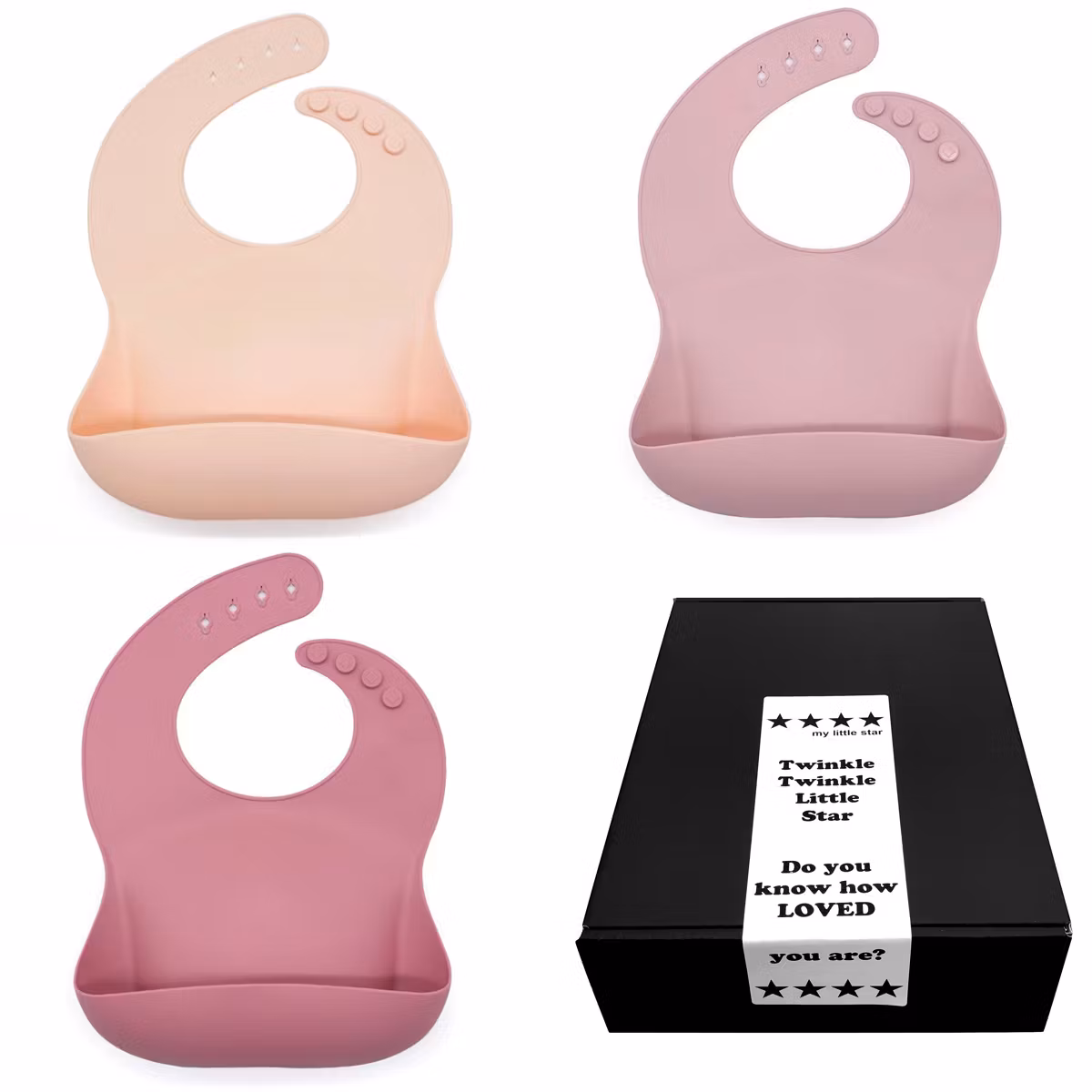 Mjuk haklapp till bebis & barn i silikon 3-pack i presentask natur rosa, lila