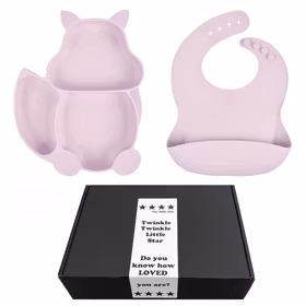 Barntallrik med Sugpropp & Haklapp i Silikon Lavendel  - Present till bebis