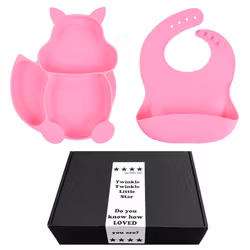 Barntallrik med Sugpropp & Haklapp i Silikon Rosa  - Present till bebis