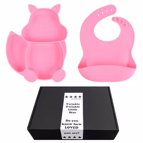 Barntallrik med Sugpropp & Haklapp i Silikon Rosa  - Present till bebis
