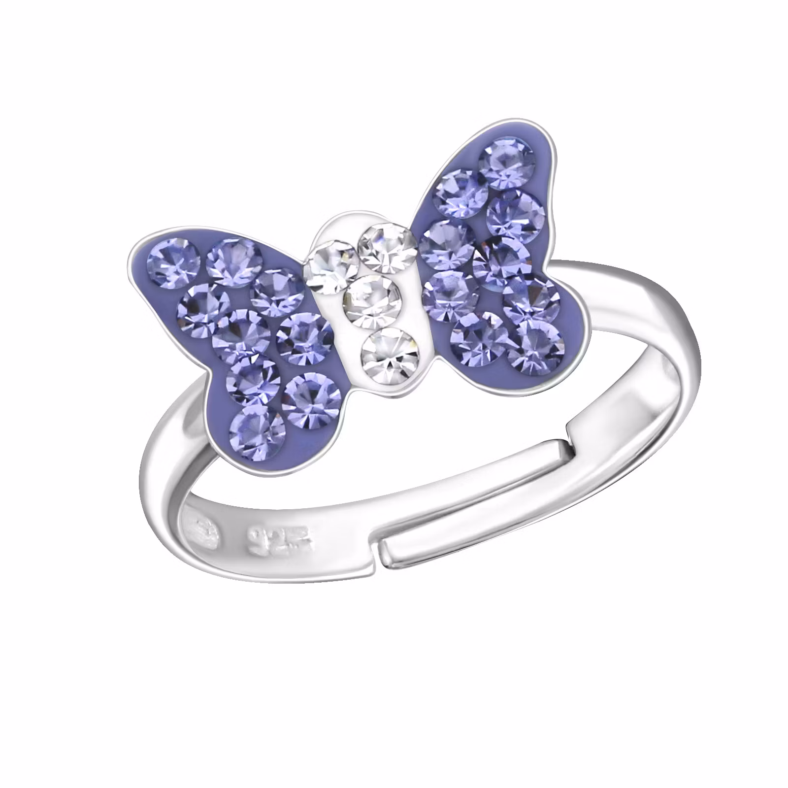 Ring till barn Fjäril mörklila glitter - söt, justerbar silverring - en barnring i äkta 925 silver