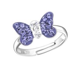 Barnring Fjäril mörklila glitter - söt ring till barn i äkta silver